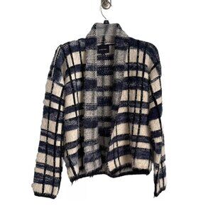 Anthropologie La Fee Verte Blue Plush Eyelash Plaid Knit Open Cardigan